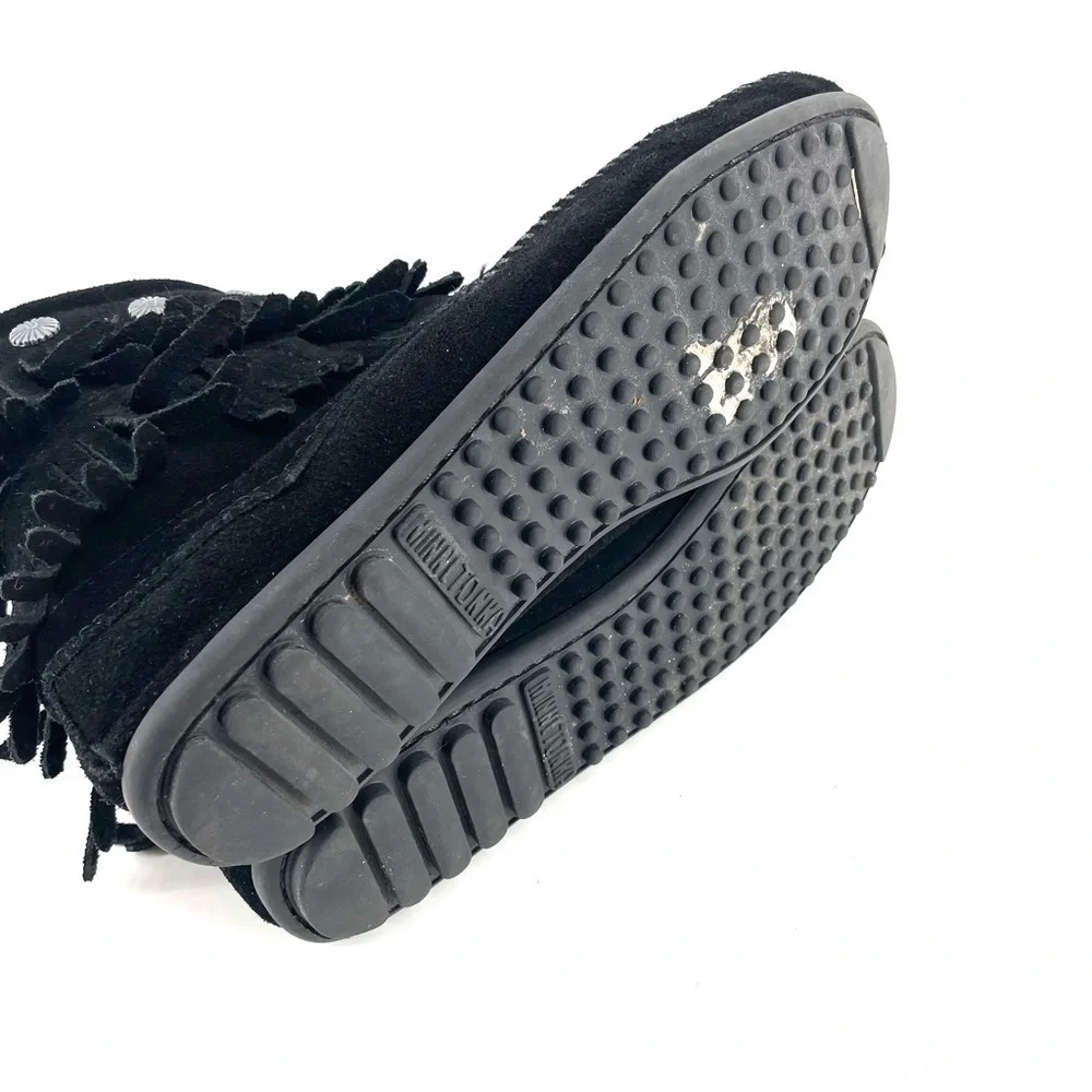 Minnetonka Black Suede Double Fringe Side Zip Ankle Bootie